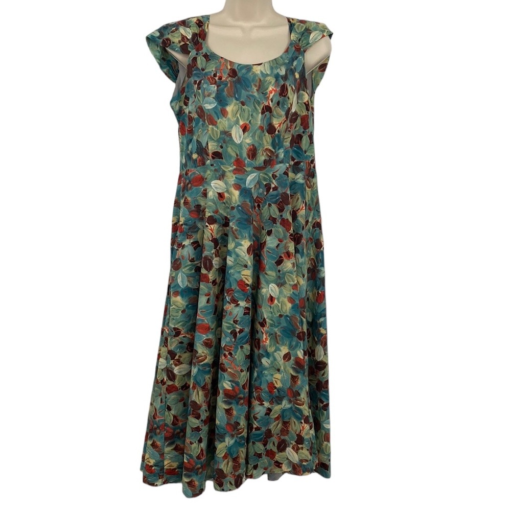 Susongeth Dress Womens XL Blue Green Floral Cold Shoulder Midi Abstract Leaf
